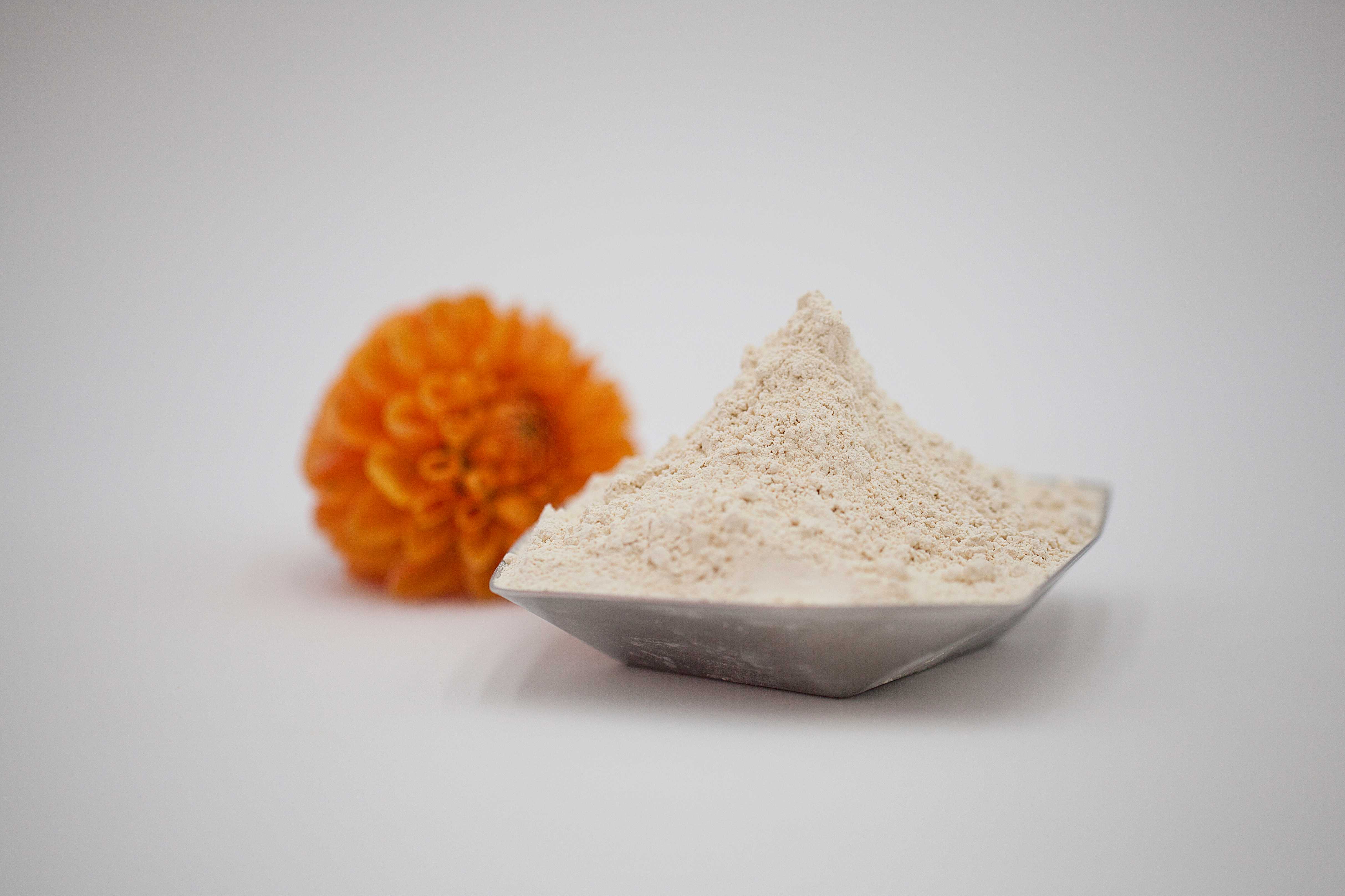 Air Protein powder in a bowl with orange marigold flower
